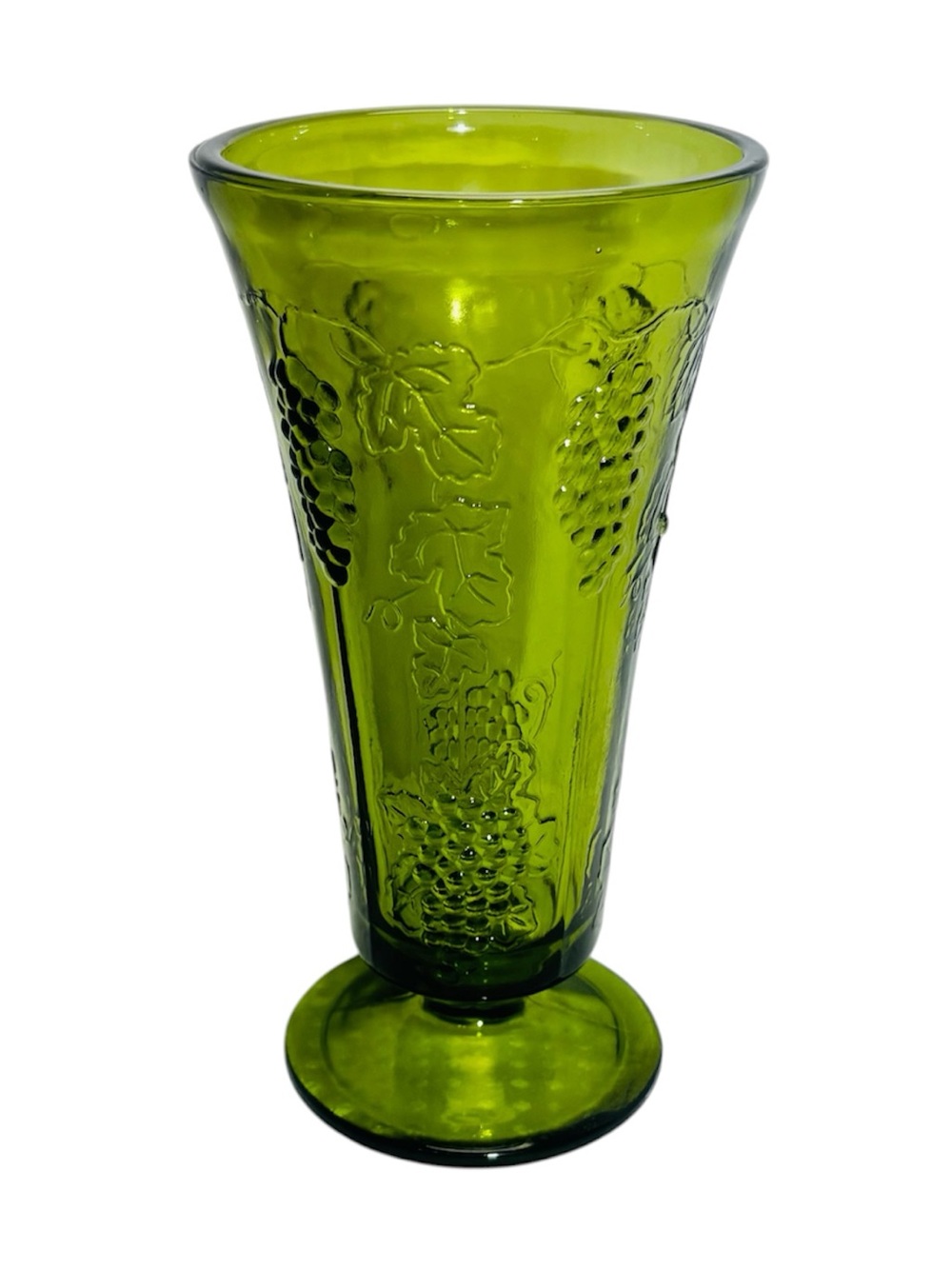 VTG Indiana Glass Avocado Green Harvest Grape Footed Pedestal Vase